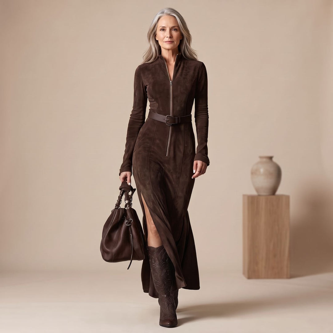 Damen Langarm Wildleder Maxi-Kleid mit Reißverschluss Gürtel und Seitenschlitz - Schokoladenbraun