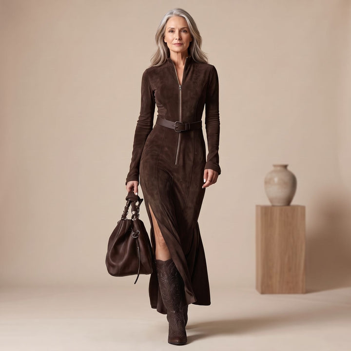 Damen Langarm Wildleder Maxi-Kleid mit Reißverschluss Gürtel und Seitenschlitz - Schokoladenbraun