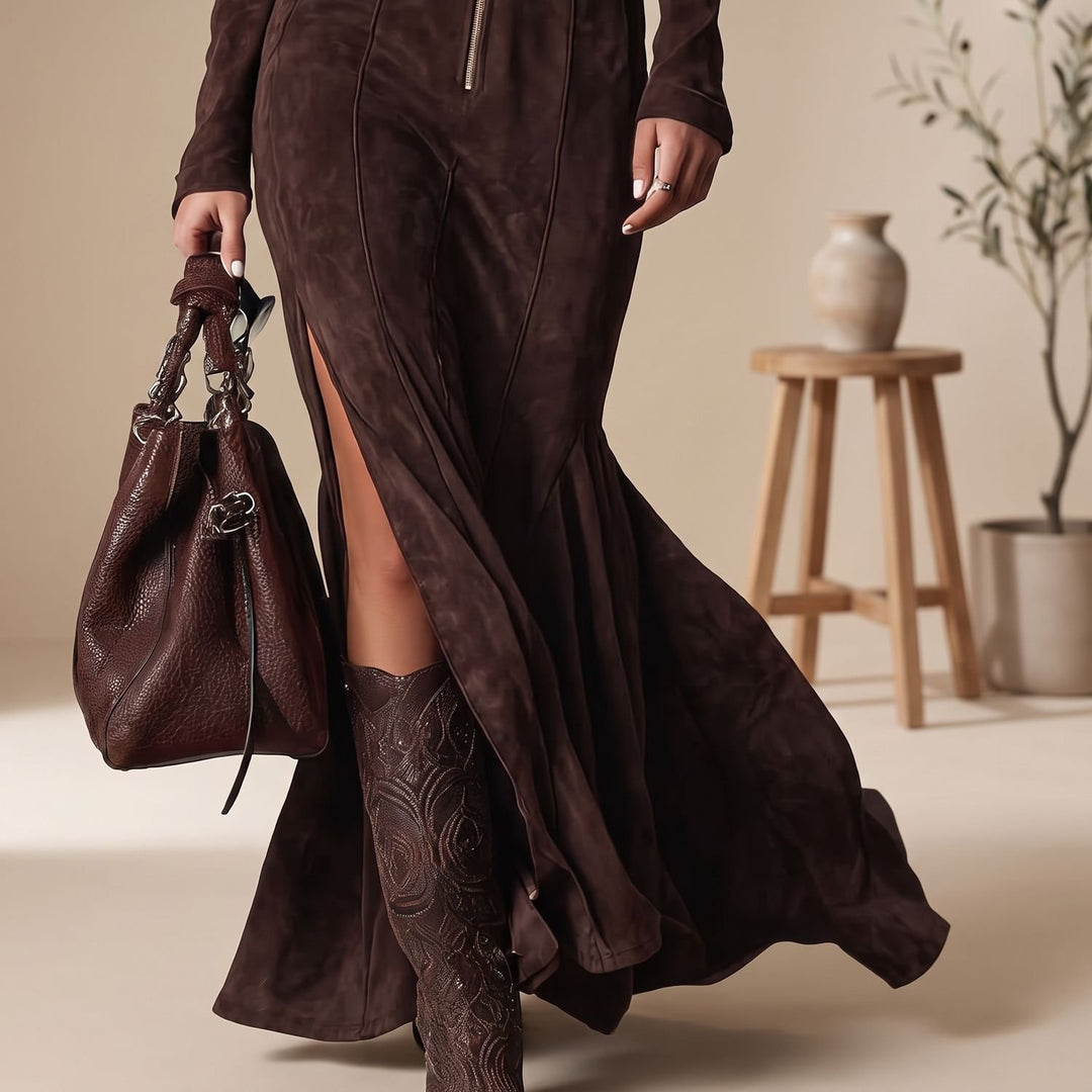 Damen Langarm Wildleder Maxi-Kleid mit Reißverschluss Gürtel und Seitenschlitz