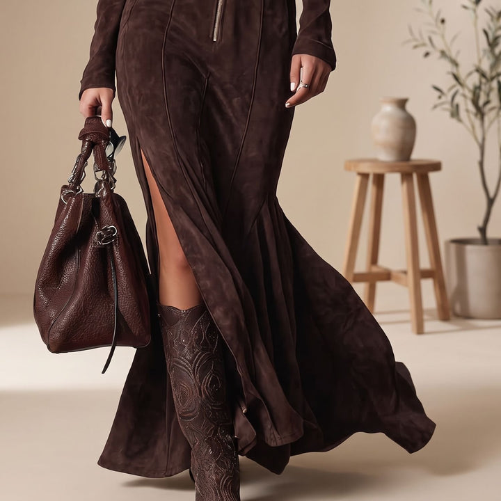 Damen Langarm Wildleder Maxi-Kleid mit Reißverschluss Gürtel und Seitenschlitz