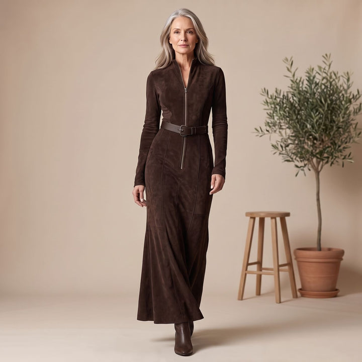 Damen Langarm Wildleder Maxi-Kleid mit Reißverschluss Gürtel und Seitenschlitz