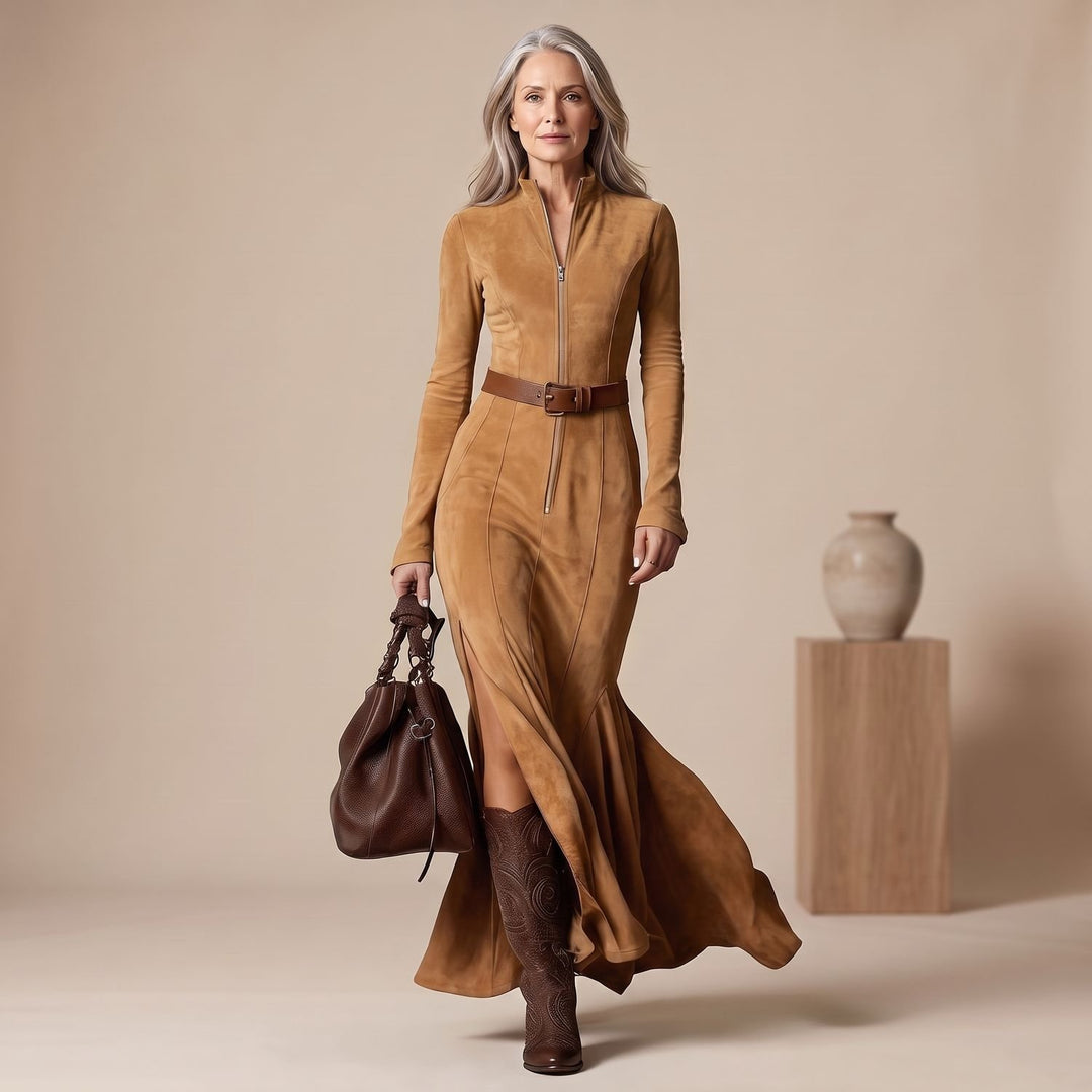 Damen Langarm Wildleder Maxi-Kleid mit Reißverschluss Gürtel und Seitenschlitz - Kamelbraun