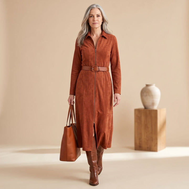 Damen Langarm Wildleder Maxi-Kleid mit Reißverschluss Gürtel und Seitenschlitz - Terrakottabraun
