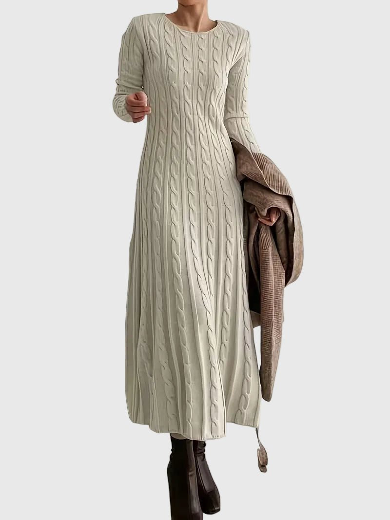 Damen Langarm Zopfmuster Strick Maxikleid - Apricot