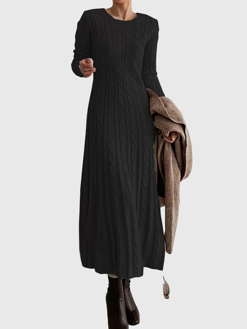 Damen Langarm Zopfmuster Strick Maxikleid - Black