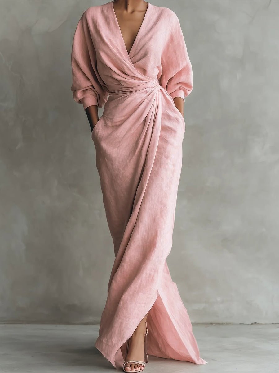 Damen Langarmkleid elegantes Maxi-Wickelkleid mit V-Ausschnitt - Rosa