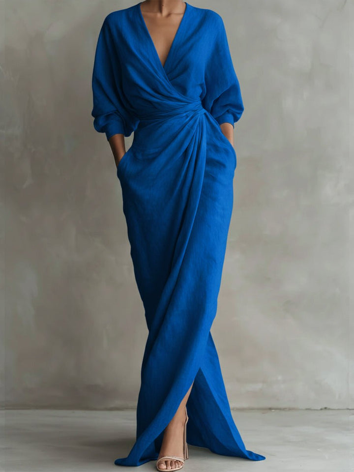 Damen Langarmkleid elegantes Maxi-Wickelkleid mit V-Ausschnitt - Blau