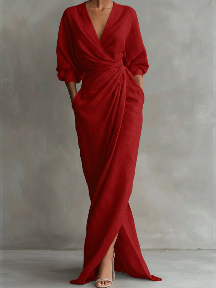Damen Langarmkleid elegantes Maxi-Wickelkleid mit V-Ausschnitt - Rot