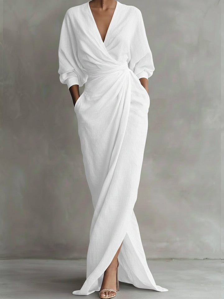 Damen Langarmkleid elegantes Maxi-Wickelkleid mit V-Ausschnitt - Weiß