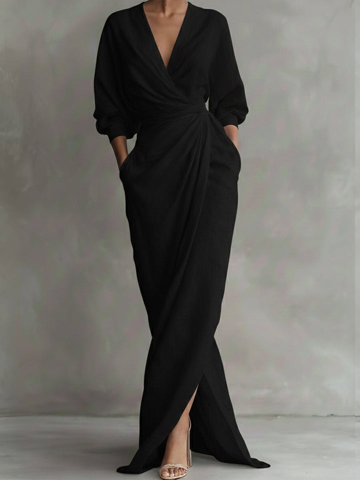 Damen Langarmkleid elegantes Maxi-Wickelkleid mit V-Ausschnitt - Schwarz