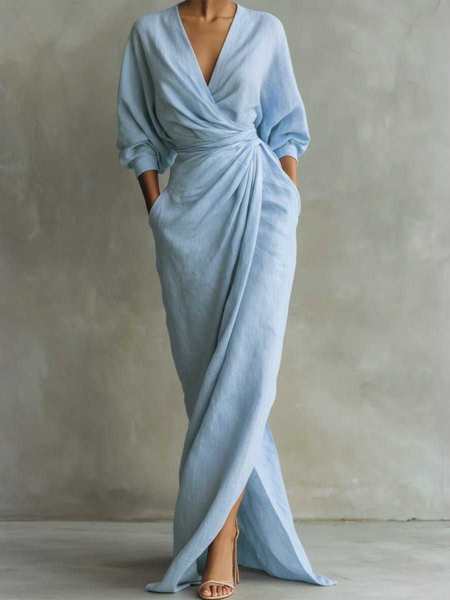 Damen Langarmkleid elegantes Maxi-Wickelkleid mit V-Ausschnitt - Hellblau