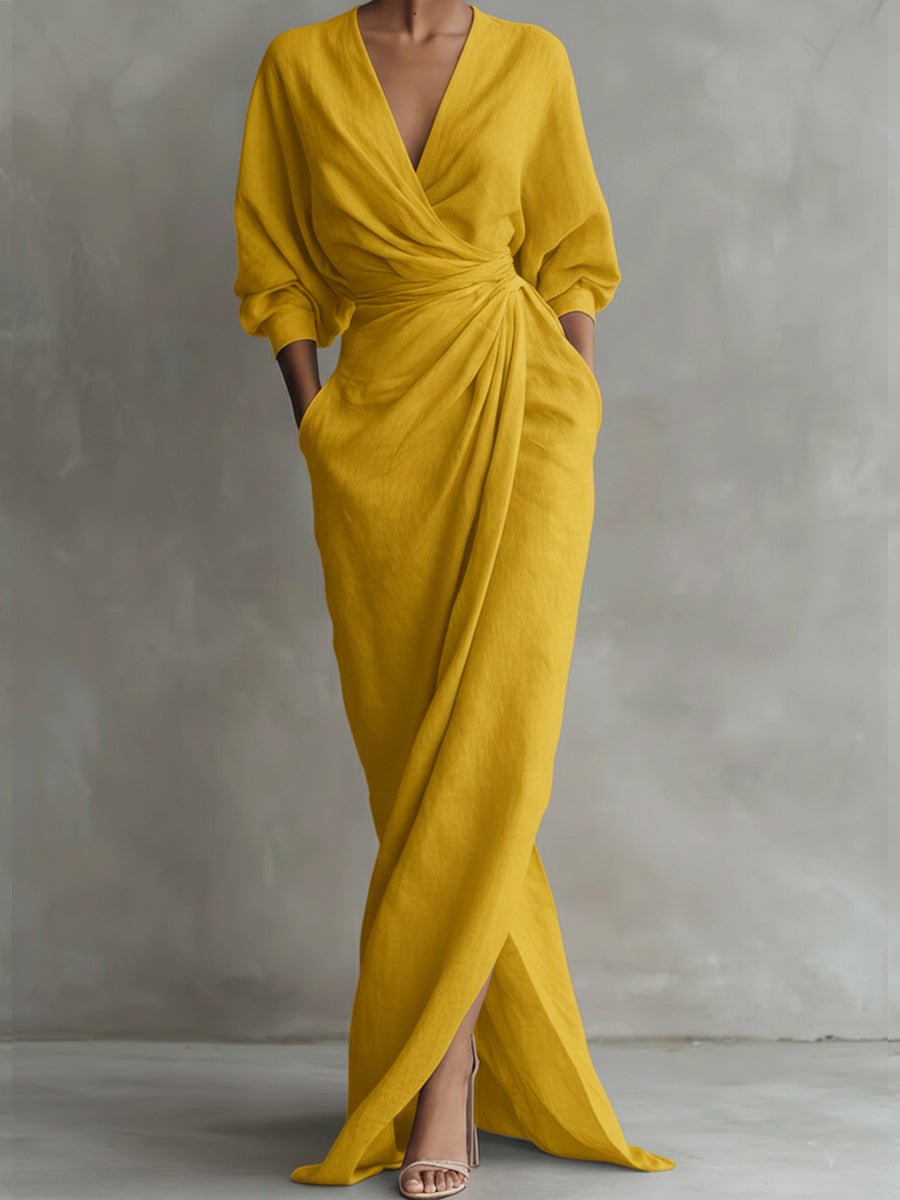 Damen Langarmkleid elegantes Maxi-Wickelkleid mit V-Ausschnitt - Gelb