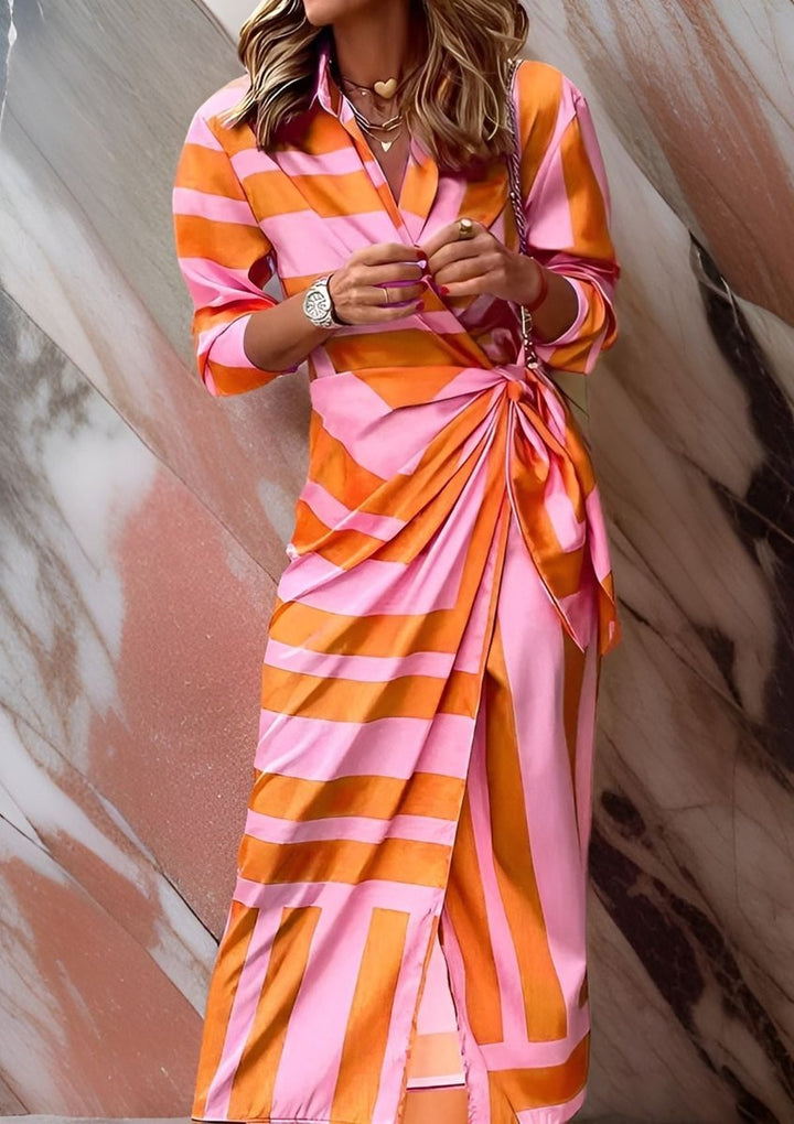 Damen Langarmkleid gestreiftes Wickelkleid mit V-Ausschnitt - Orange/Rosa