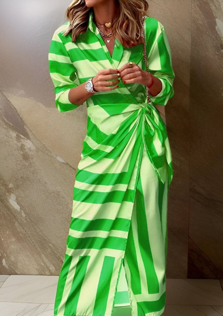 Damen Langarmkleid gestreiftes Wickelkleid mit V-Ausschnitt - Grün
