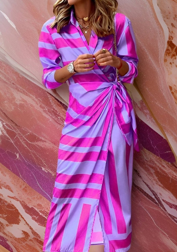 Damen Langarmkleid gestreiftes Wickelkleid mit V-Ausschnitt - Lila