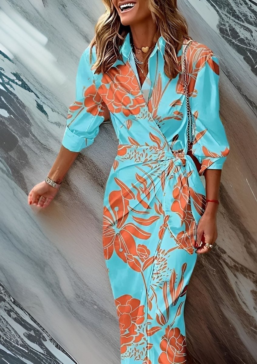 Damen Langarmkleid gestreiftes Wickelkleid mit V-Ausschnitt - Türkis