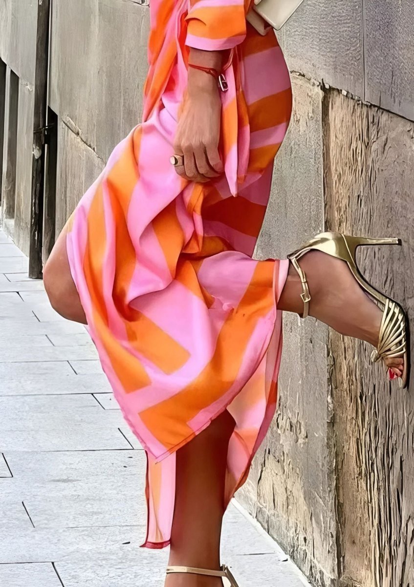 Damen Langarmkleid gestreiftes Wickelkleid mit V-Ausschnitt