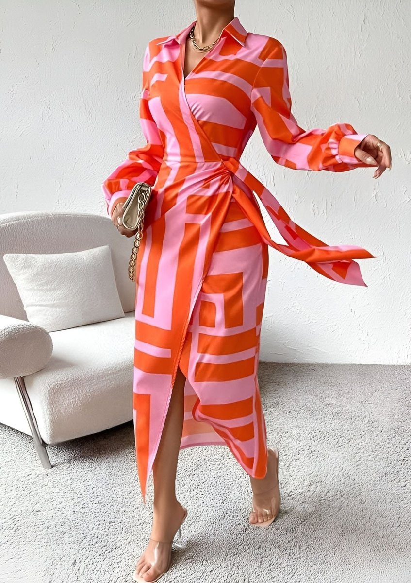Damen Langarmkleid gestreiftes Wickelkleid mit V-Ausschnitt