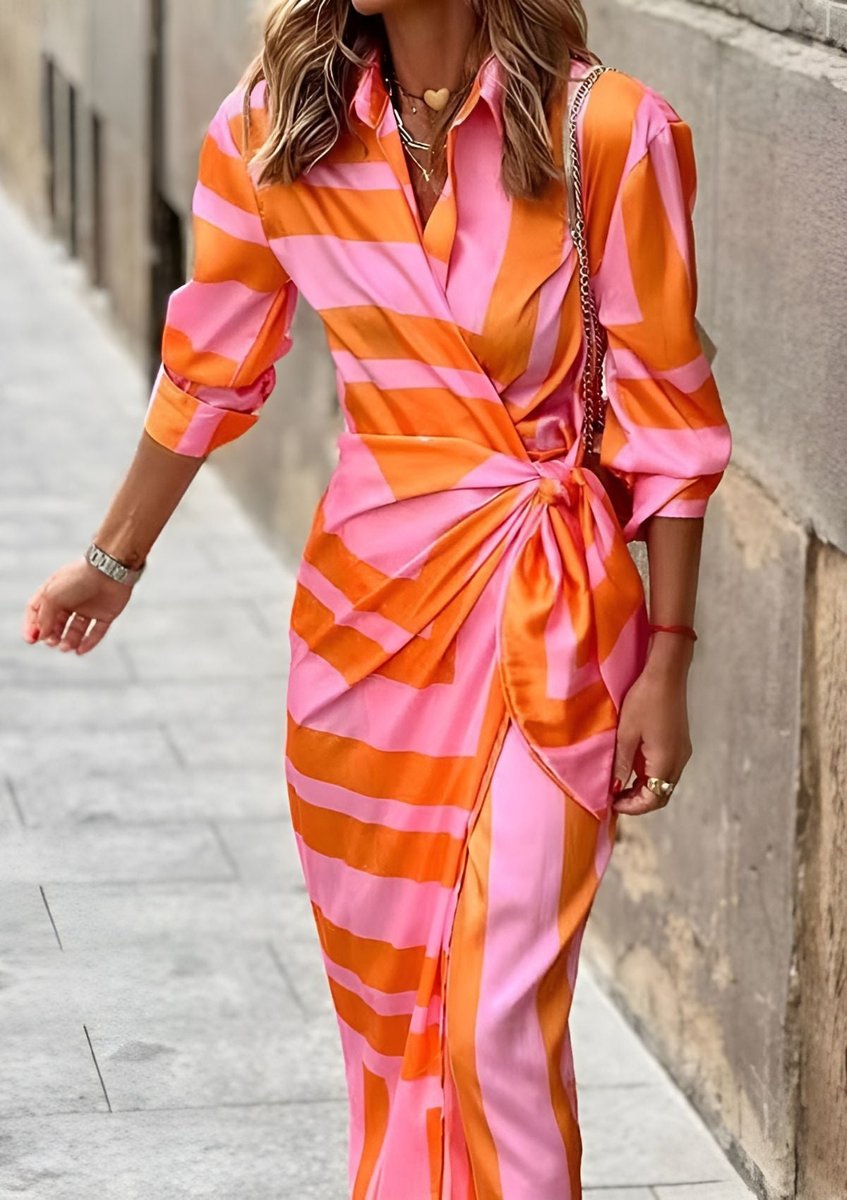 Damen Langarmkleid gestreiftes Wickelkleid mit V-Ausschnitt