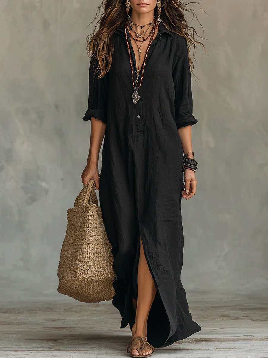 Damen Langarmkleid Maxi Hemdkleid mit Knopfleiste fließender Schnitt - Schwarz