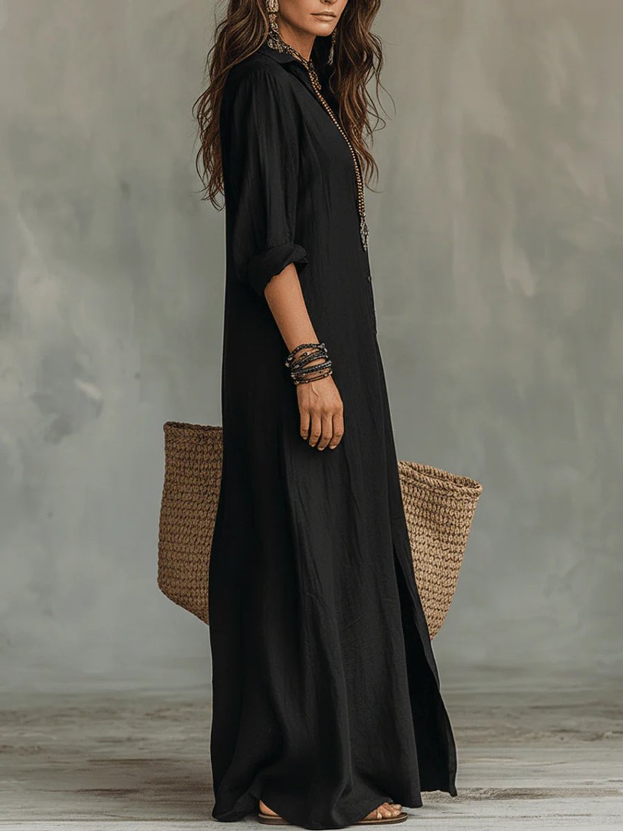 Damen Langarmkleid Maxi Hemdkleid mit Knopfleiste fließender Schnitt