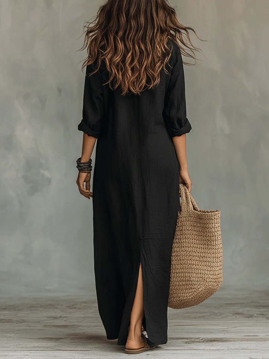 Damen Langarmkleid Maxi Hemdkleid mit Knopfleiste fließender Schnitt