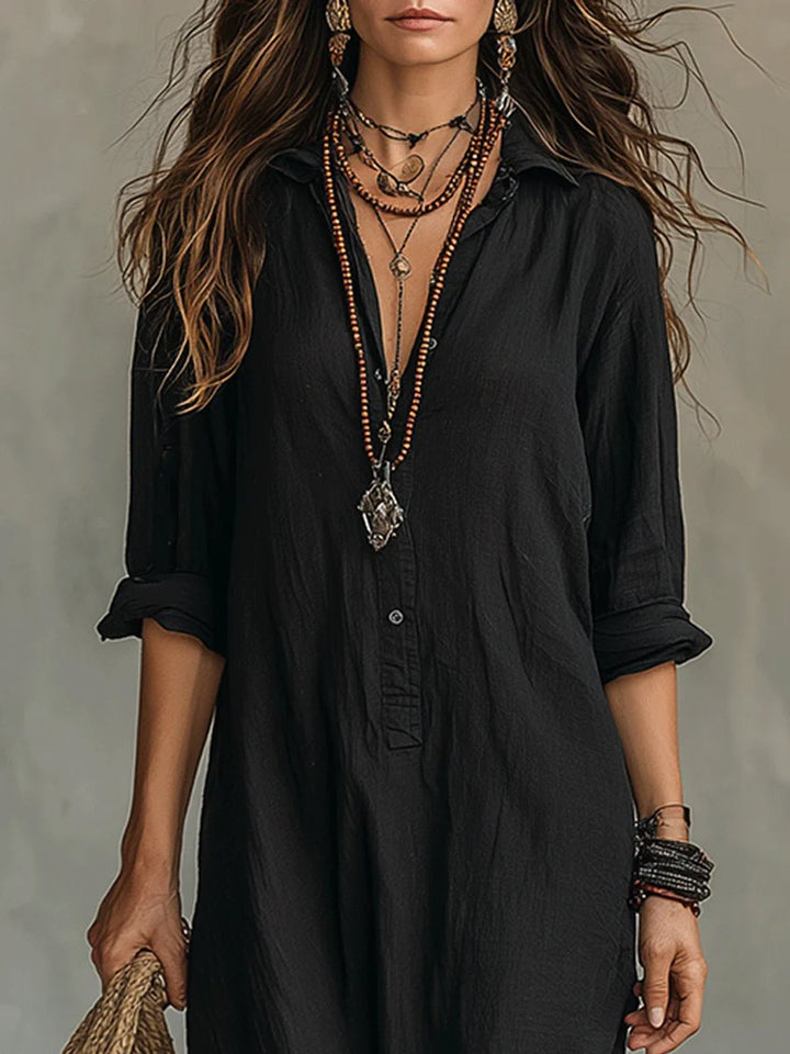 Damen Langarmkleid Maxi Hemdkleid mit Knopfleiste fließender Schnitt