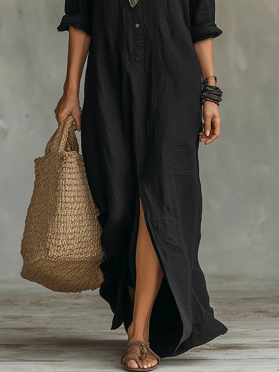 Damen Langarmkleid Maxi Hemdkleid mit Knopfleiste fließender Schnitt