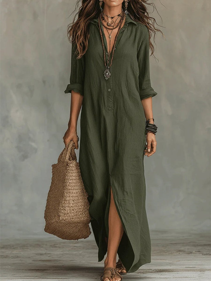 Damen Langarmkleid Maxi Hemdkleid mit Knopfleiste fließender Schnitt - Grün