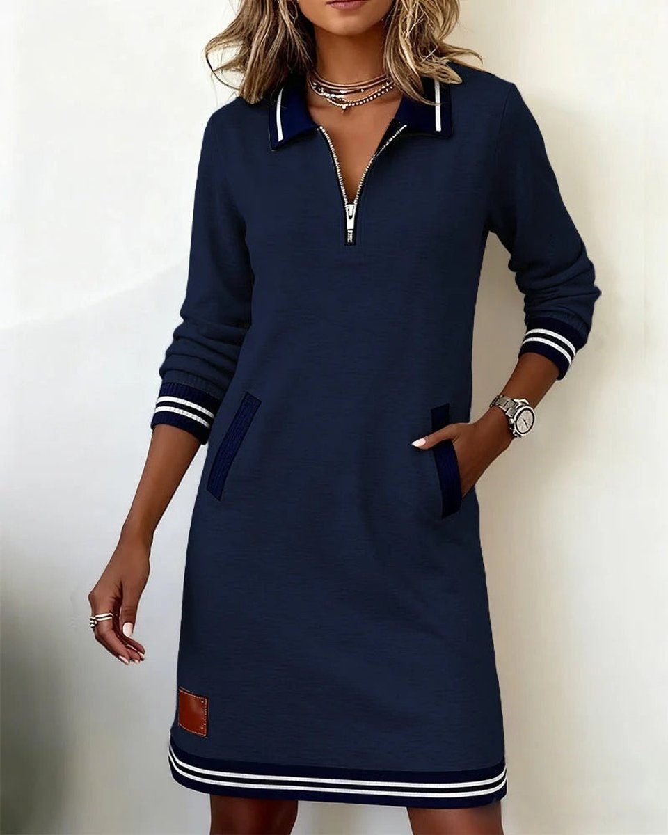 Damen Langarmkleid mit Reißverschlusskragen und Seitentaschen