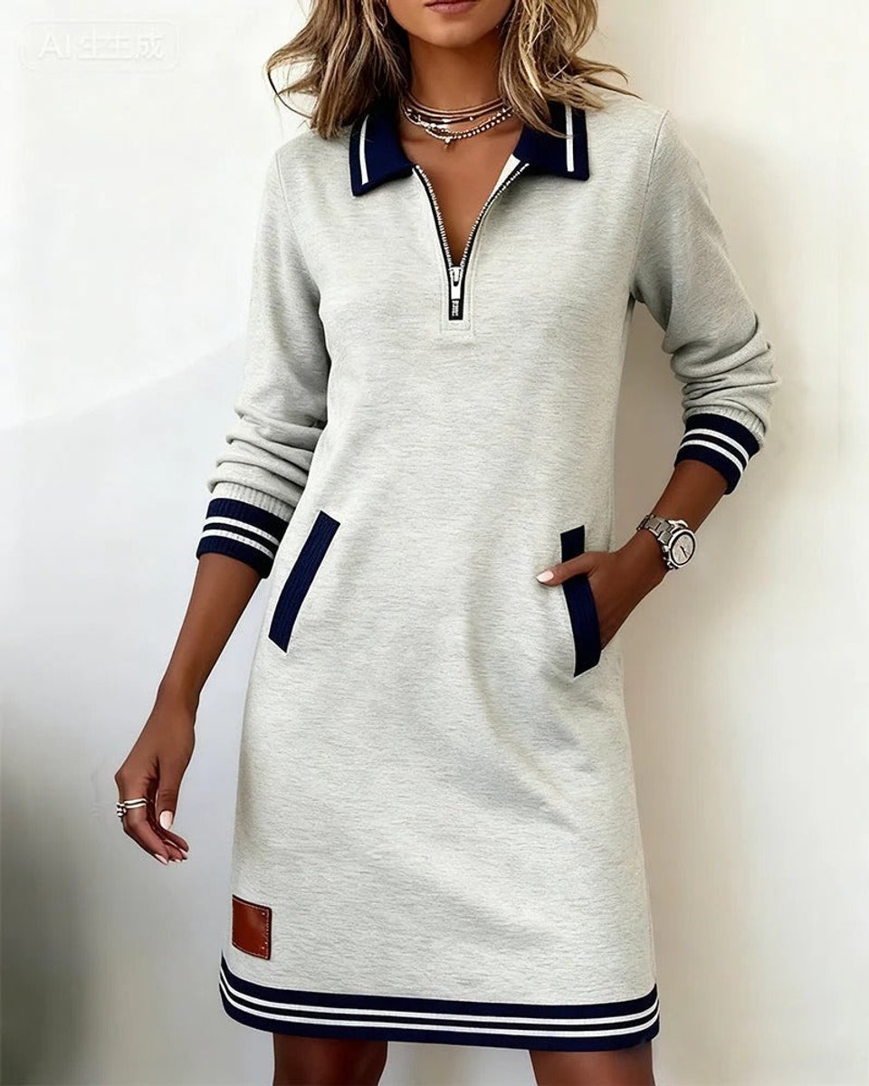 Damen Langarmkleid mit Reißverschlusskragen und Seitentaschen - Grau