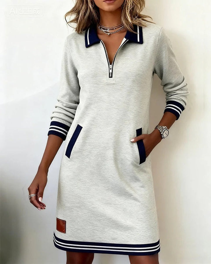 Damen Langarmkleid mit Reißverschlusskragen und Seitentaschen - Grau