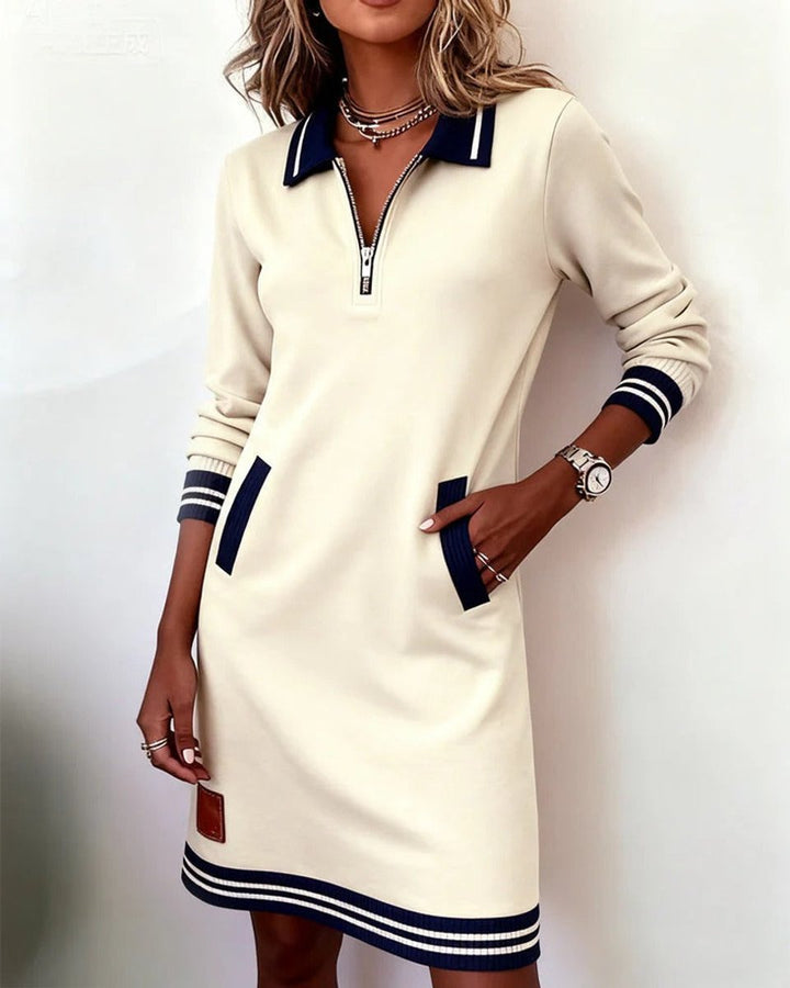Damen Langarmkleid mit Reißverschlusskragen und Seitentaschen - Weiß