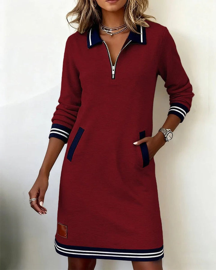 Damen Langarmkleid mit Reißverschlusskragen und Seitentaschen - Rot