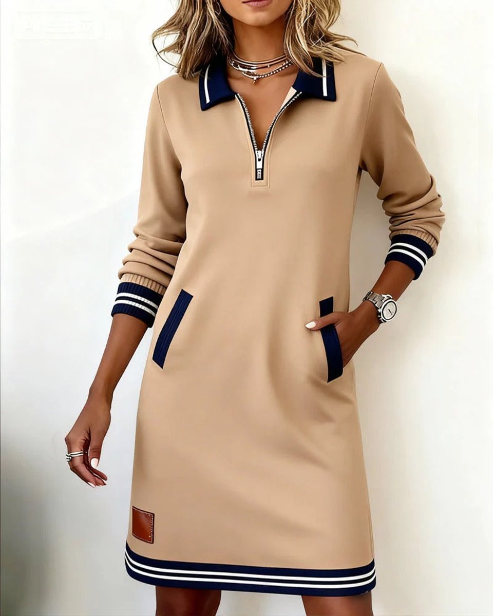 Damen Langarmkleid mit Reißverschlusskragen und Seitentaschen