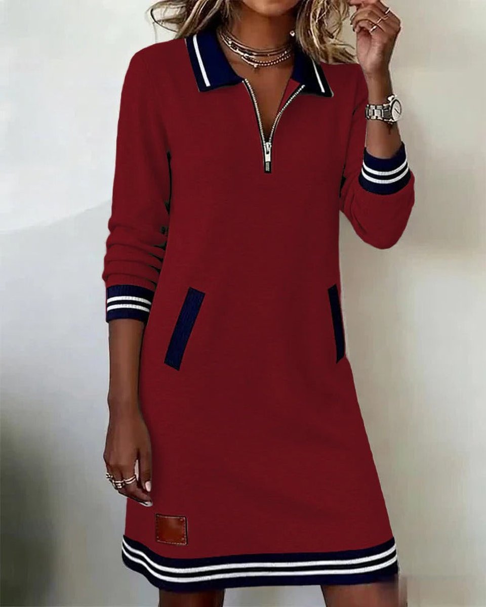 Damen Langarmkleid mit Reißverschlusskragen und Seitentaschen