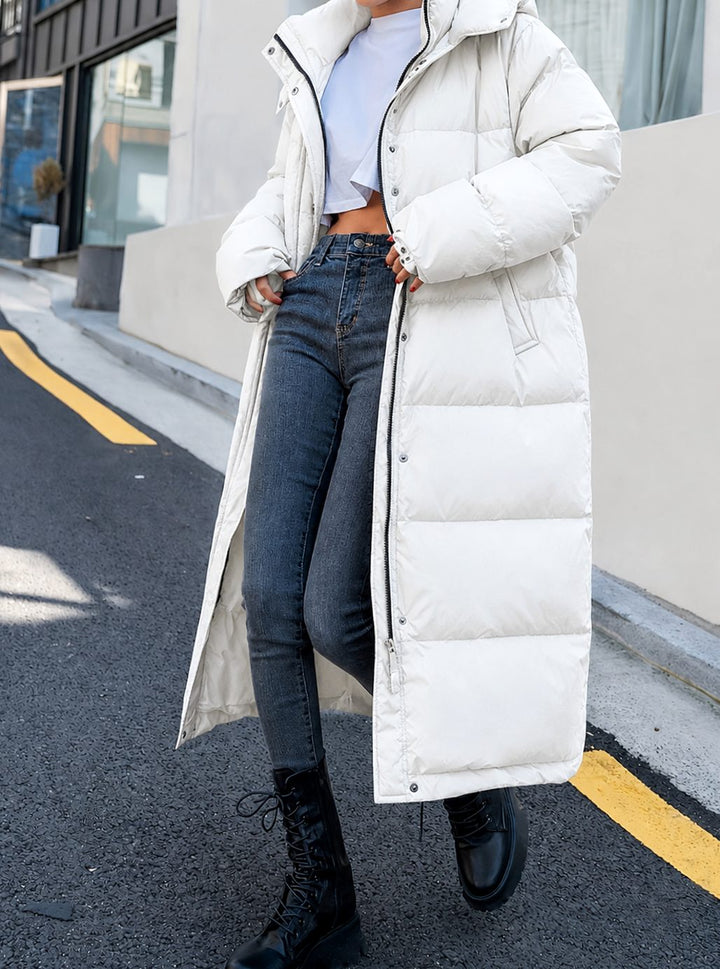Damen Lange Gesteppte Winterjacke mit Kapuze