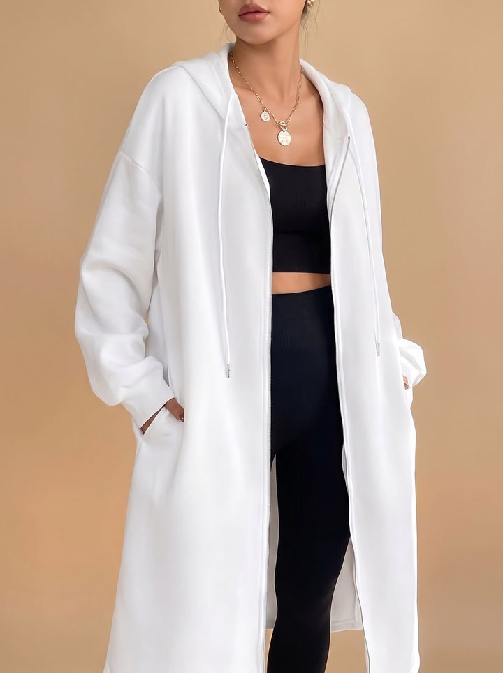 Damen Lange Kapuzenjacke mit Reißverschluss Relaxed Fit - Weiß