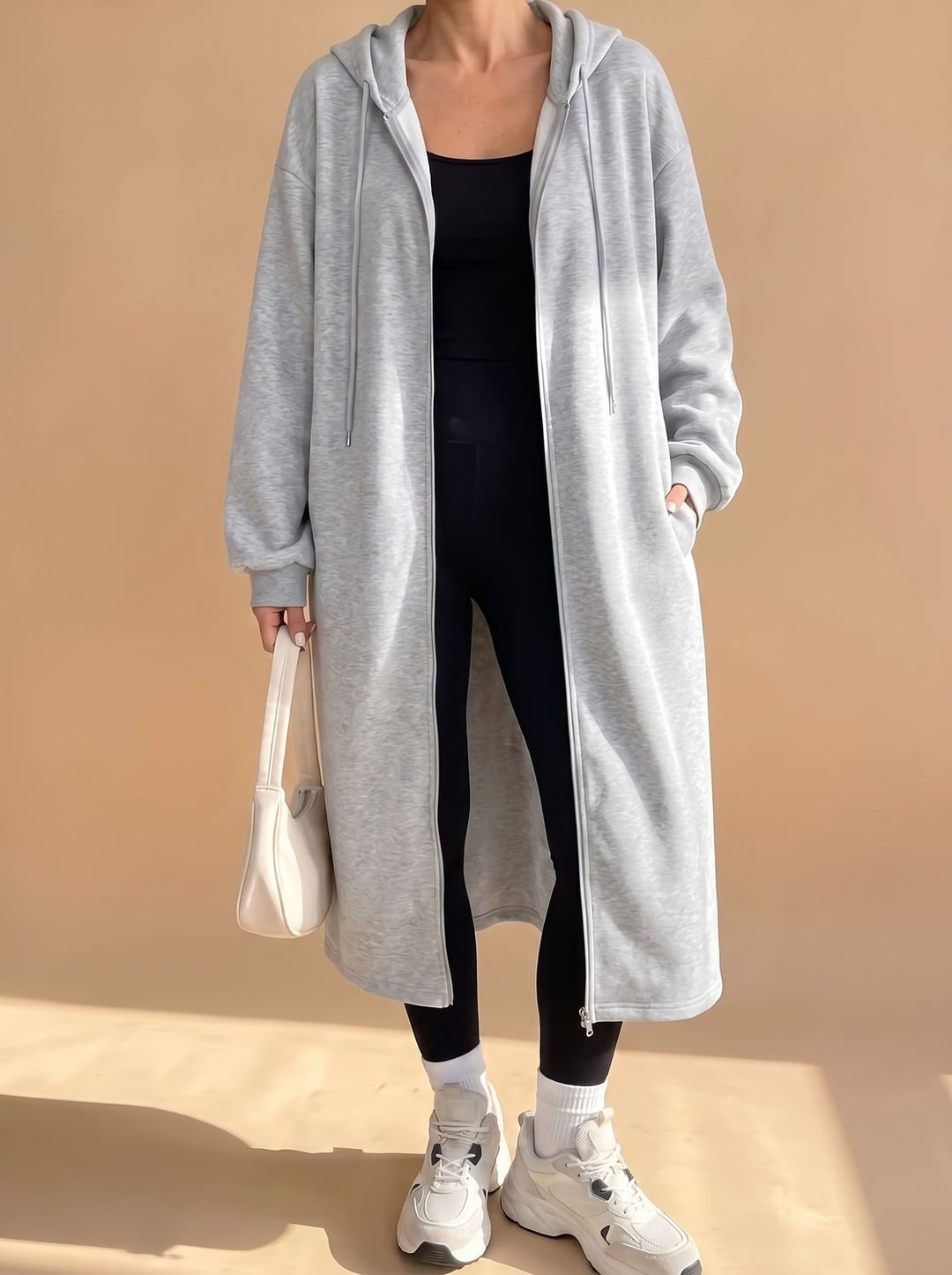 Damen Lange Kapuzenjacke mit Reißverschluss Relaxed Fit