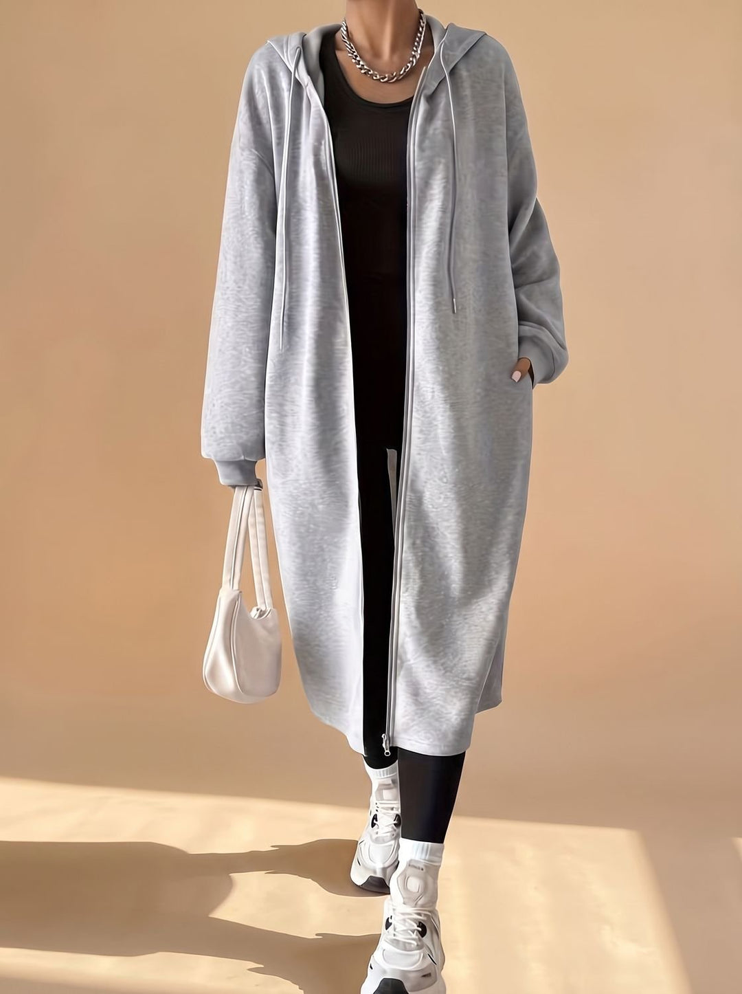 Damen Lange Kapuzenjacke mit Reißverschluss Relaxed Fit - Hellgrau