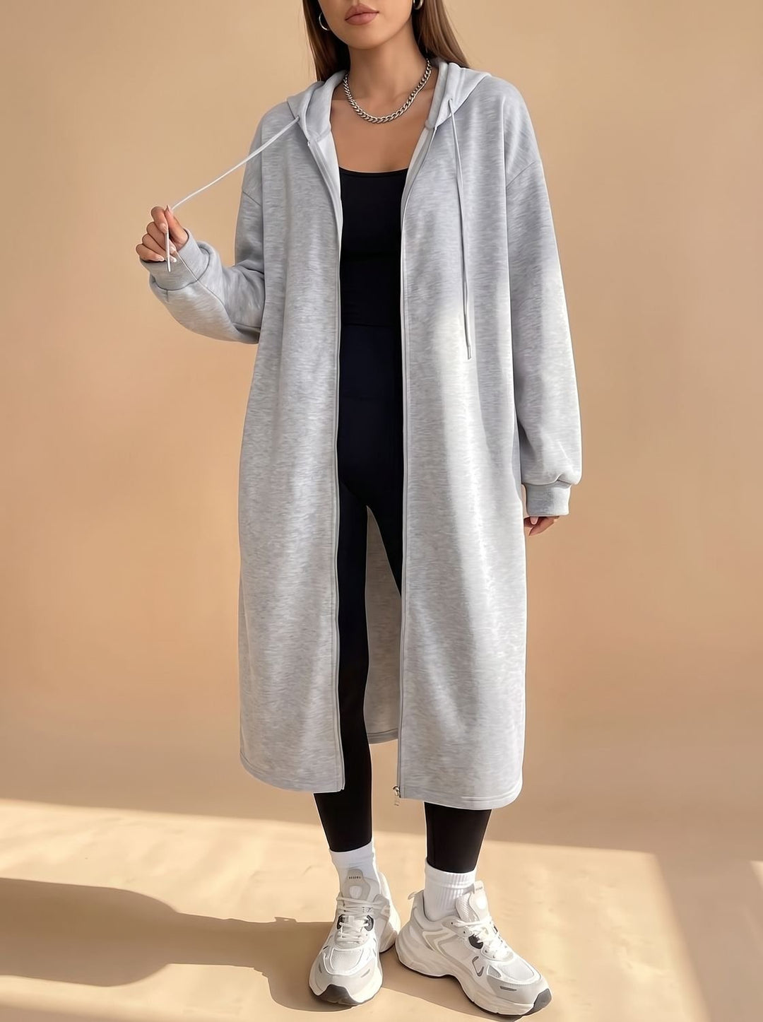 Damen Lange Kapuzenjacke mit Reißverschluss Relaxed Fit
