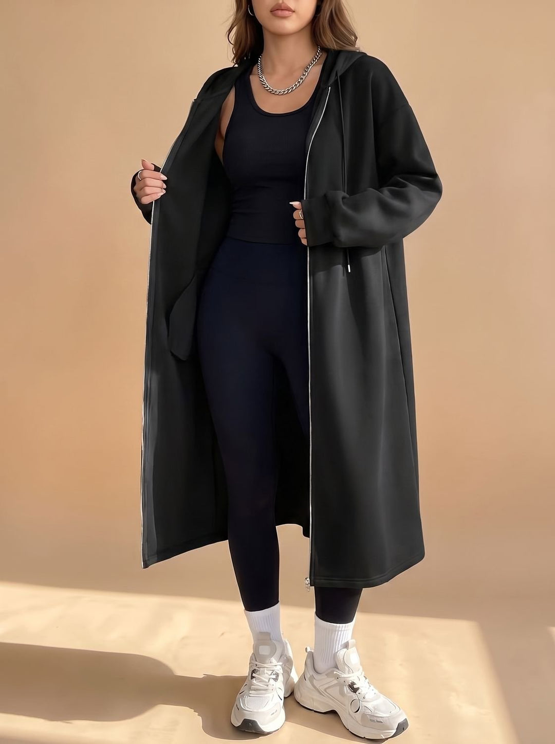 Damen Lange Kapuzenjacke mit Reißverschluss Relaxed Fit - Schwarz