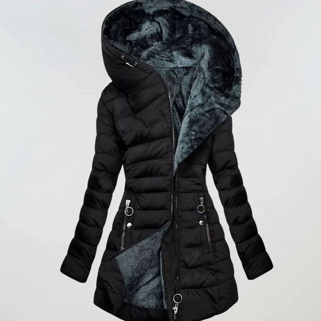 Damen Lange Puffer Winterjacke mit Kapuze Wasserdicht Tailliert - Schwarz