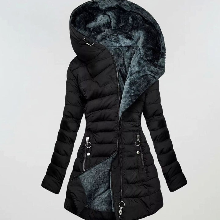 Damen Lange Puffer Winterjacke mit Kapuze Wasserdicht Tailliert - Schwarz