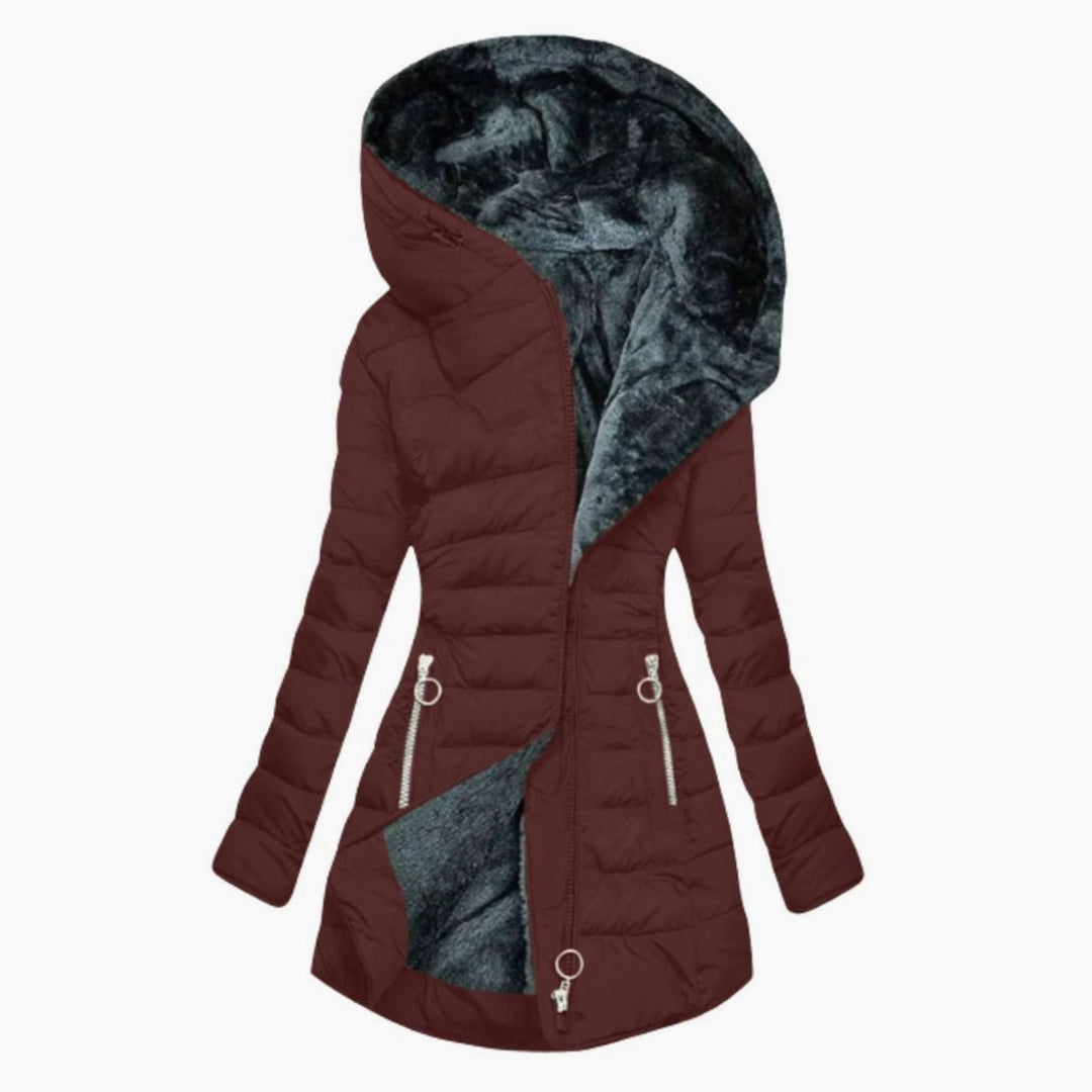 Damen Lange Puffer Winterjacke mit Kapuze Wasserdicht Tailliert - Rot
