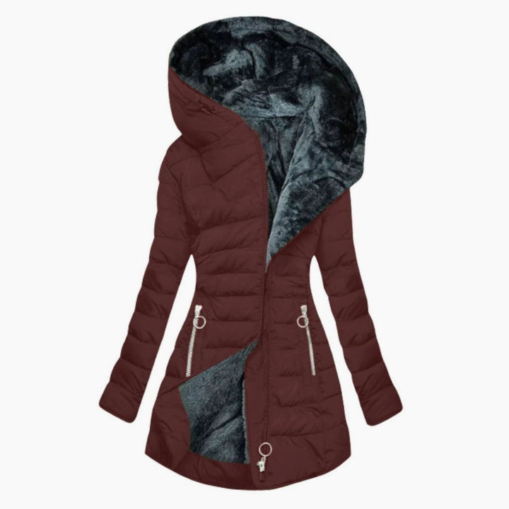Damen Lange Puffer Winterjacke mit Kapuze Wasserdicht Tailliert - Rot