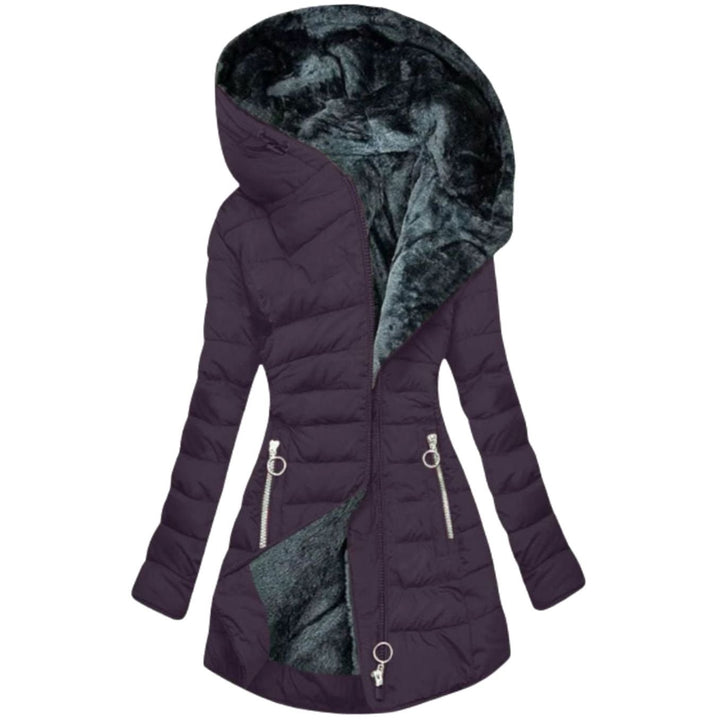 Damen Lange Puffer Winterjacke mit Kapuze Wasserdicht Tailliert - Lila