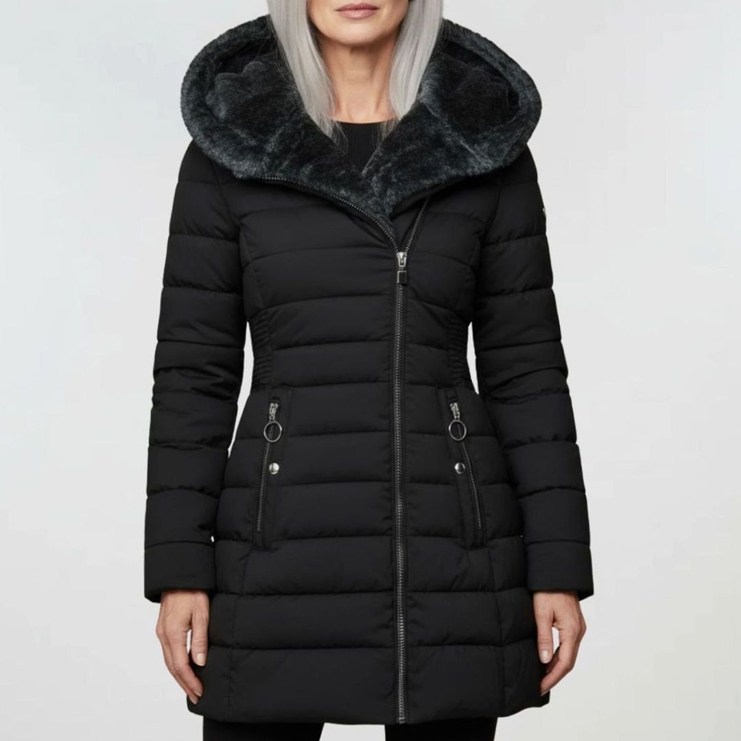 Damen Lange Puffer Winterjacke mit Kapuze Wasserdicht Tailliert