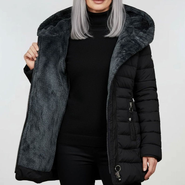 Damen Lange Puffer Winterjacke mit Kapuze Wasserdicht Tailliert
