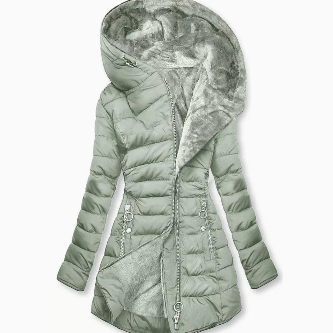 Damen Lange Puffer Winterjacke mit Kapuze Wasserdicht Tailliert - Hellgrün